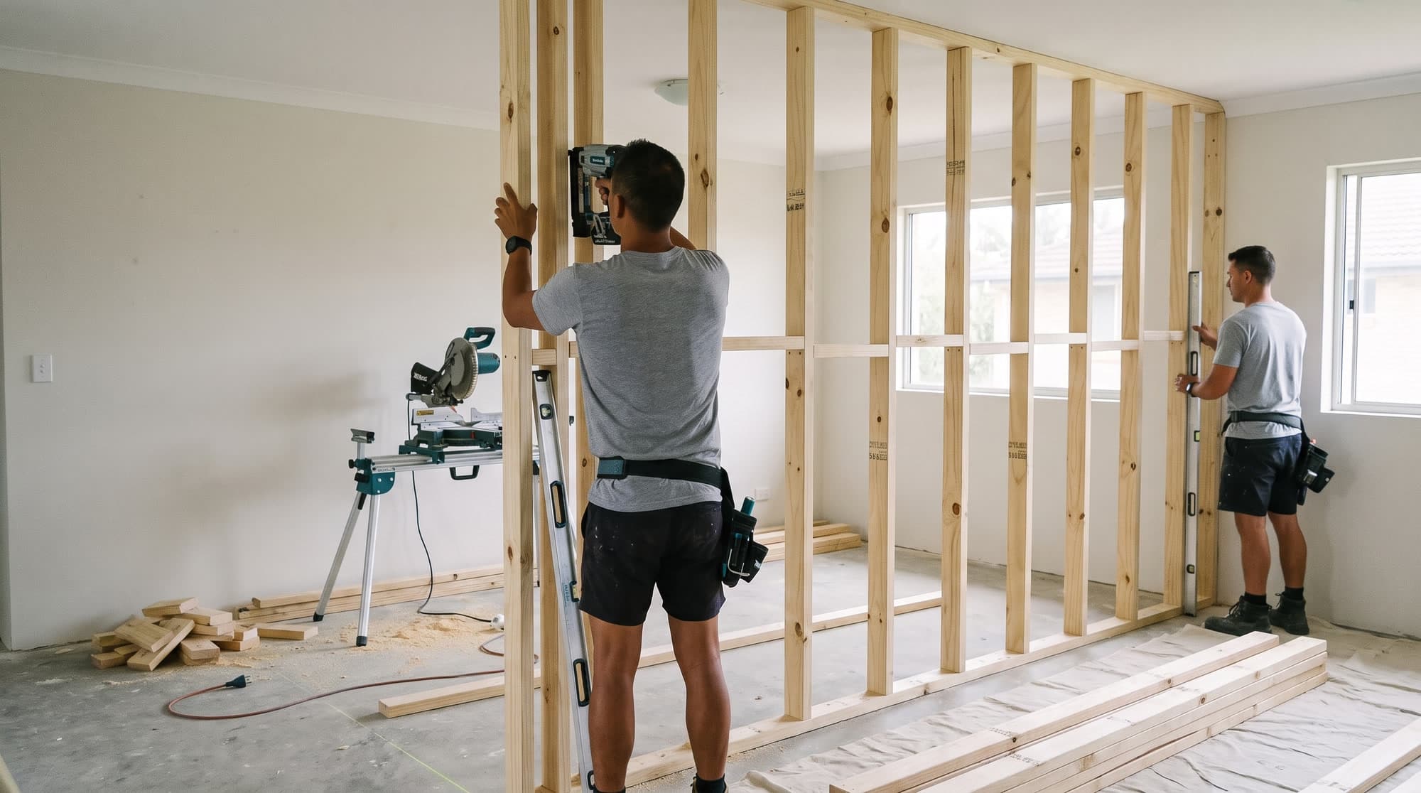 A stud partition wall being framed up at 600mm centres with noggins fitted