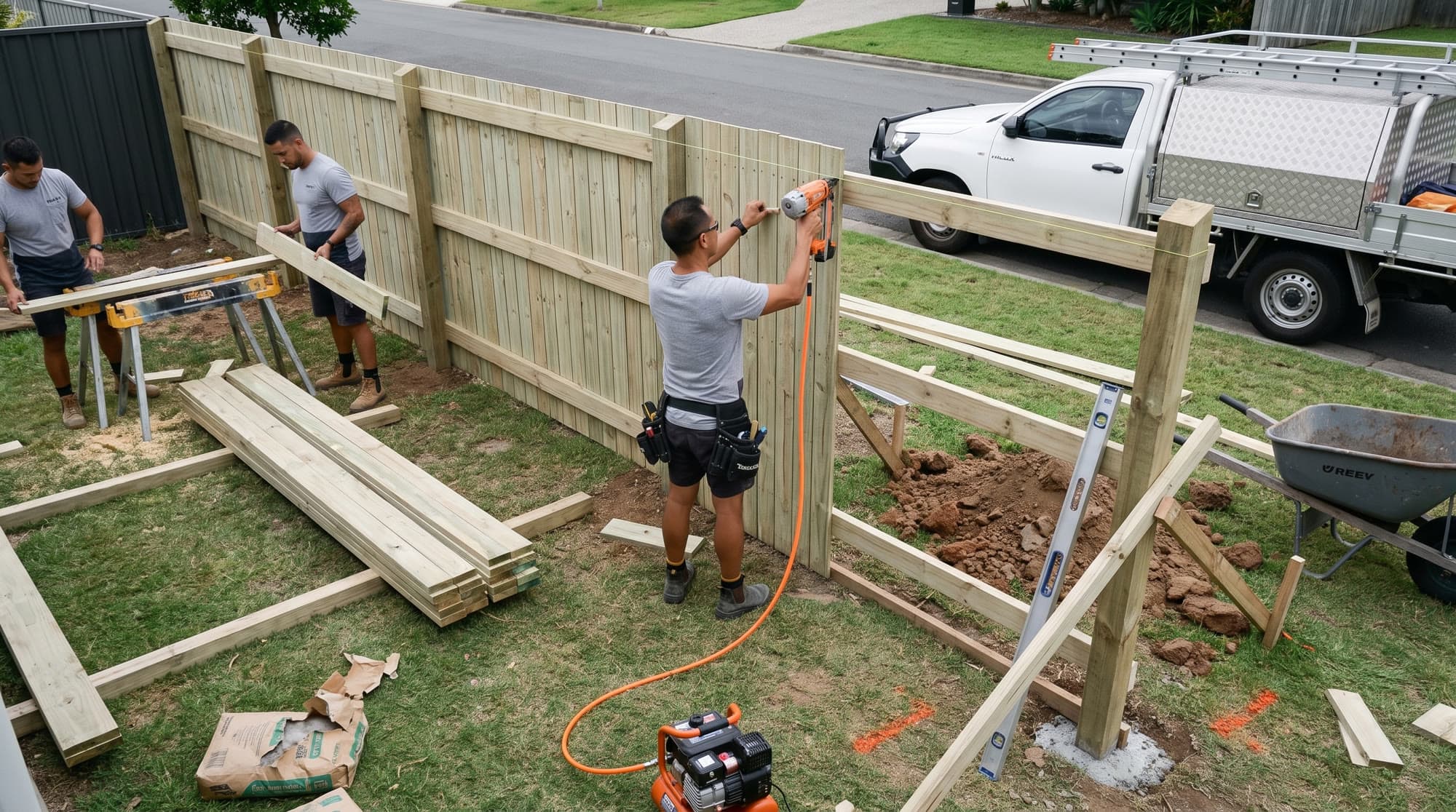 Fixing rails to posts while building a new timber paling fence