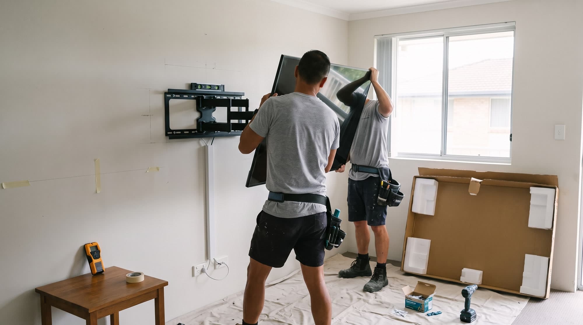 Two tradesmen lifting a large television onto its wall bracket