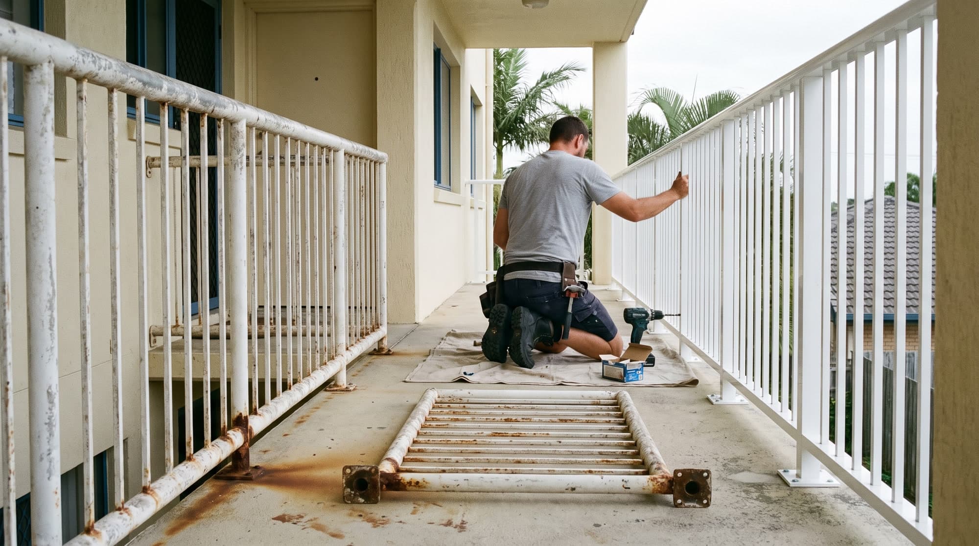Bolting down a new balustrade beside the corroded one it replaces, on a Gold Coast unit-block walkway