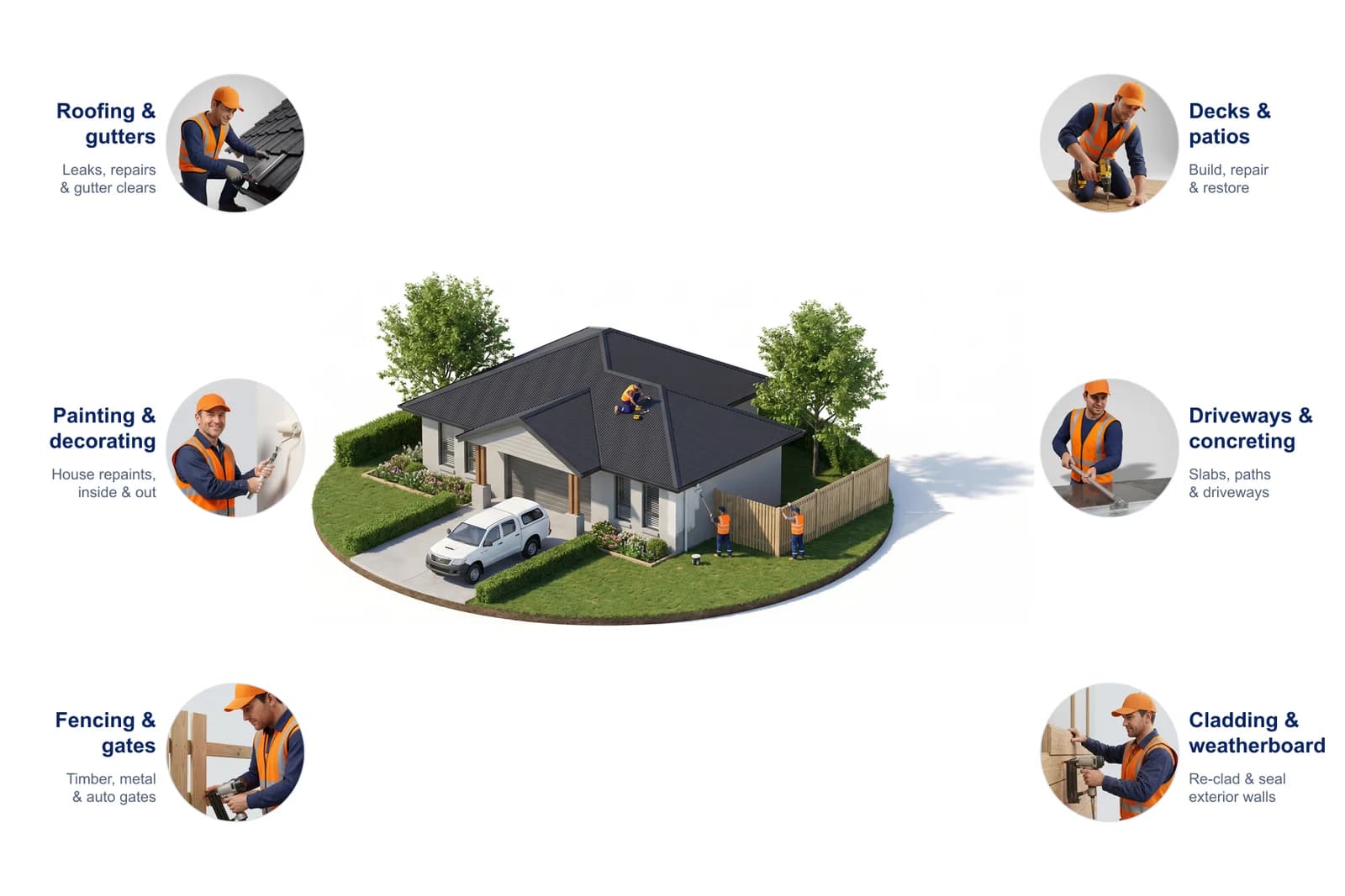 Home exterior services — roofing & gutters, painting & decorating, fencing & gates, decks & patios, driveways & concreting, cladding & weatherboard