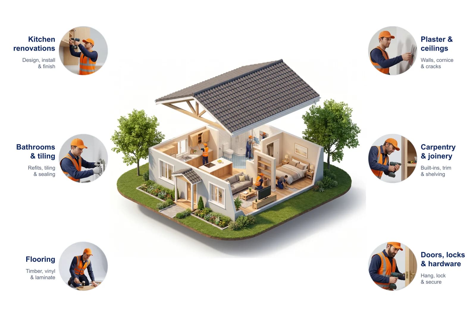 Home interior services — kitchen renovations, bathrooms & tiling, flooring, plastering & ceilings, carpentry & joinery, doors, locks & hardware