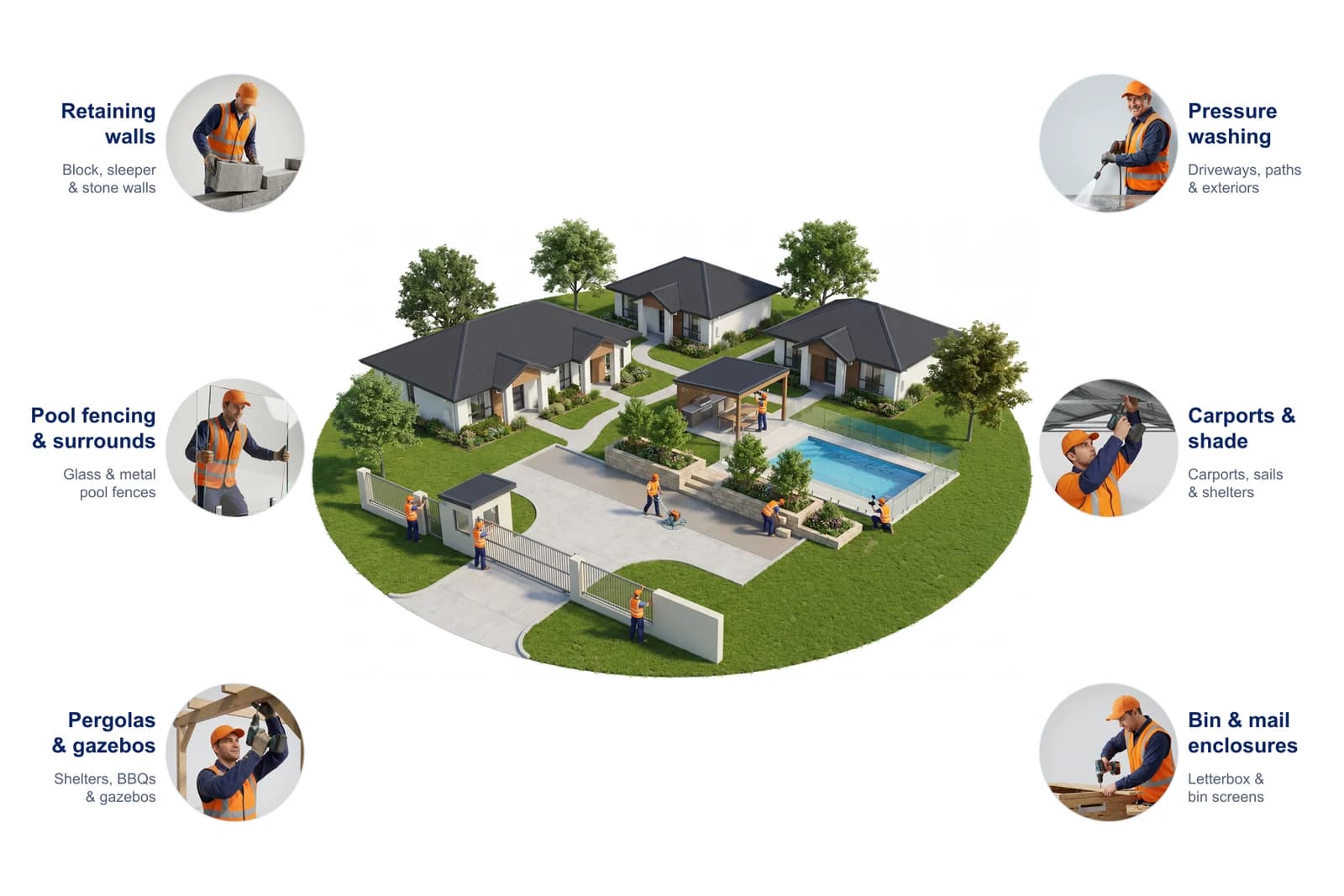 Gated community common-area services — retaining walls, pool fencing & surrounds, pergolas, gazebos & BBQs, pressure washing, carports & shade structures, bin & letterbox enclosures