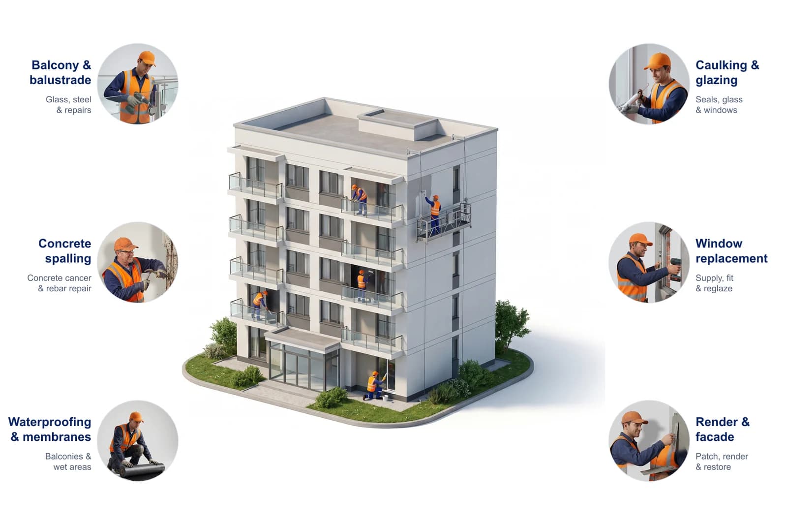 Apartment & strata exterior services — balcony & balustrade, concrete spalling, waterproofing & membranes, caulking & glazing, window replacement, render & facade repairs