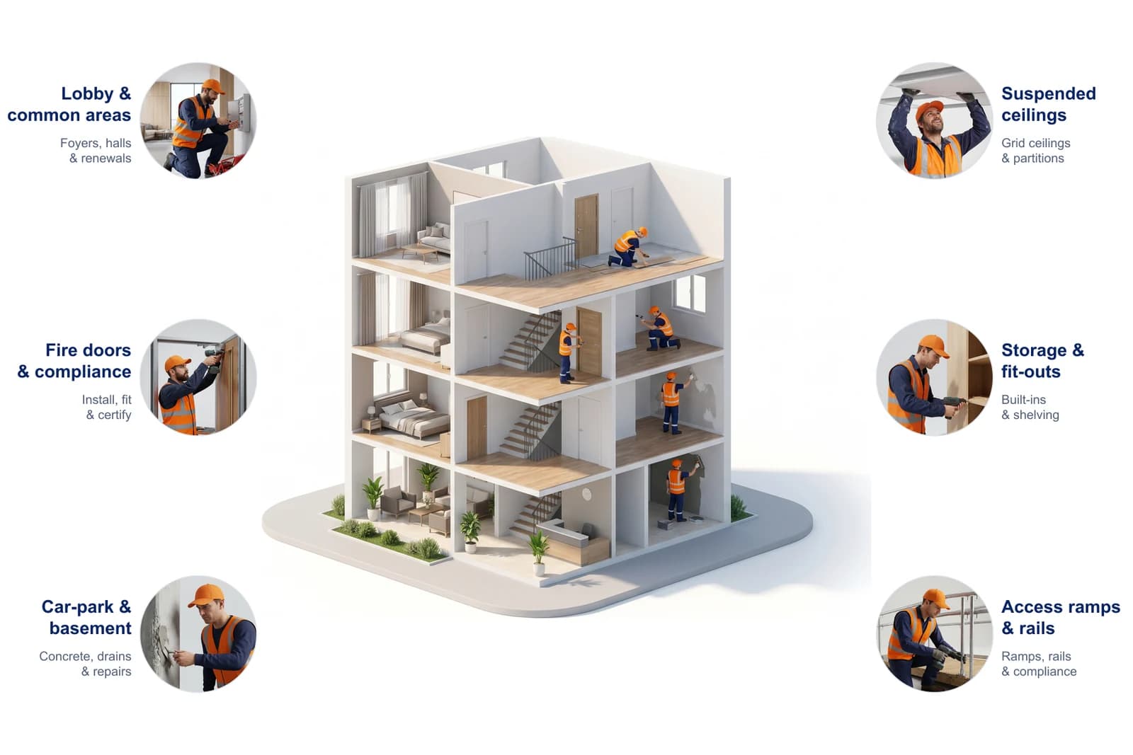 Apartment & strata interior services — lobby & common-area renovations, fire doors & compliance, car-park & basement repairs, suspended ceilings & partitions, storage & fit-outs, accessibility ramps & rails