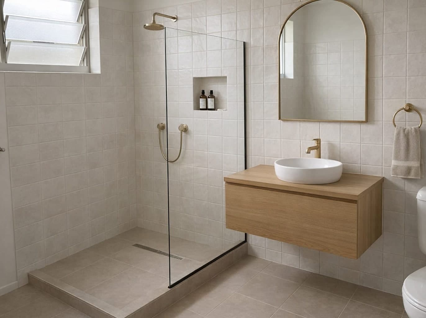 The same bathroom re-tiled, with a step-free walk-in shower, a tiled niche and a wall-hung timber vanity