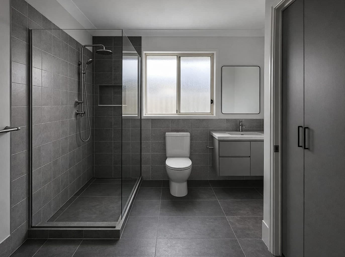 The same bathroom with the bath gone, a step-free walk-in shower in its place and a wall-hung vanity