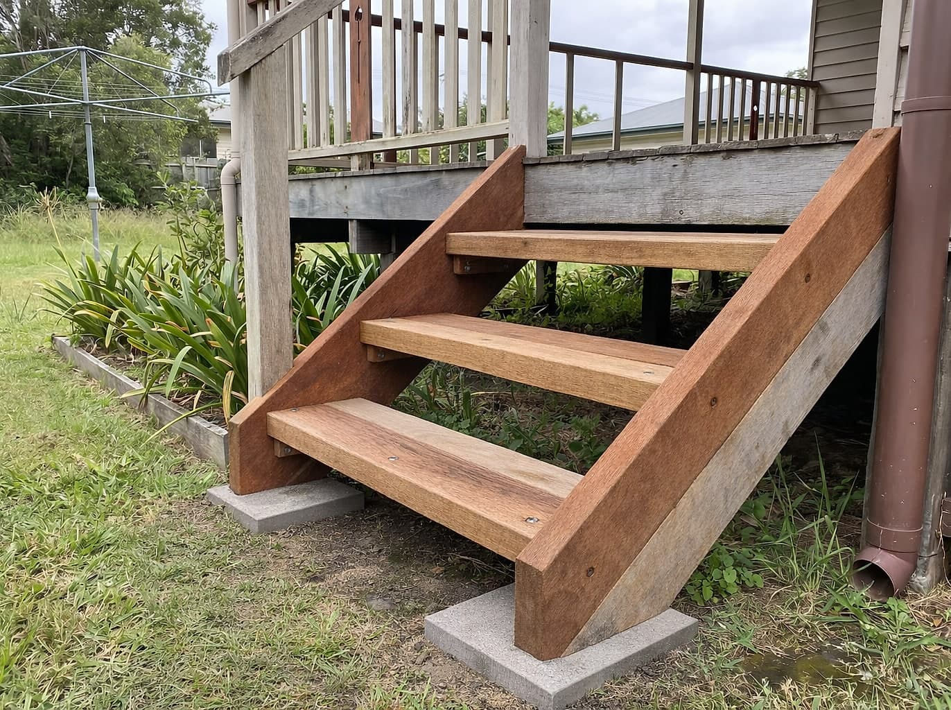 The same steps rebuilt in sound hardwood on a concrete pad with a plumb handrail post