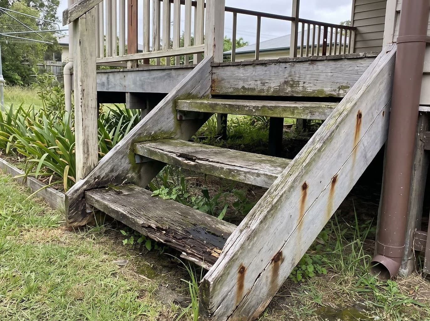 Weathered timber deck steps with a cracked tread and a rotted bottom step