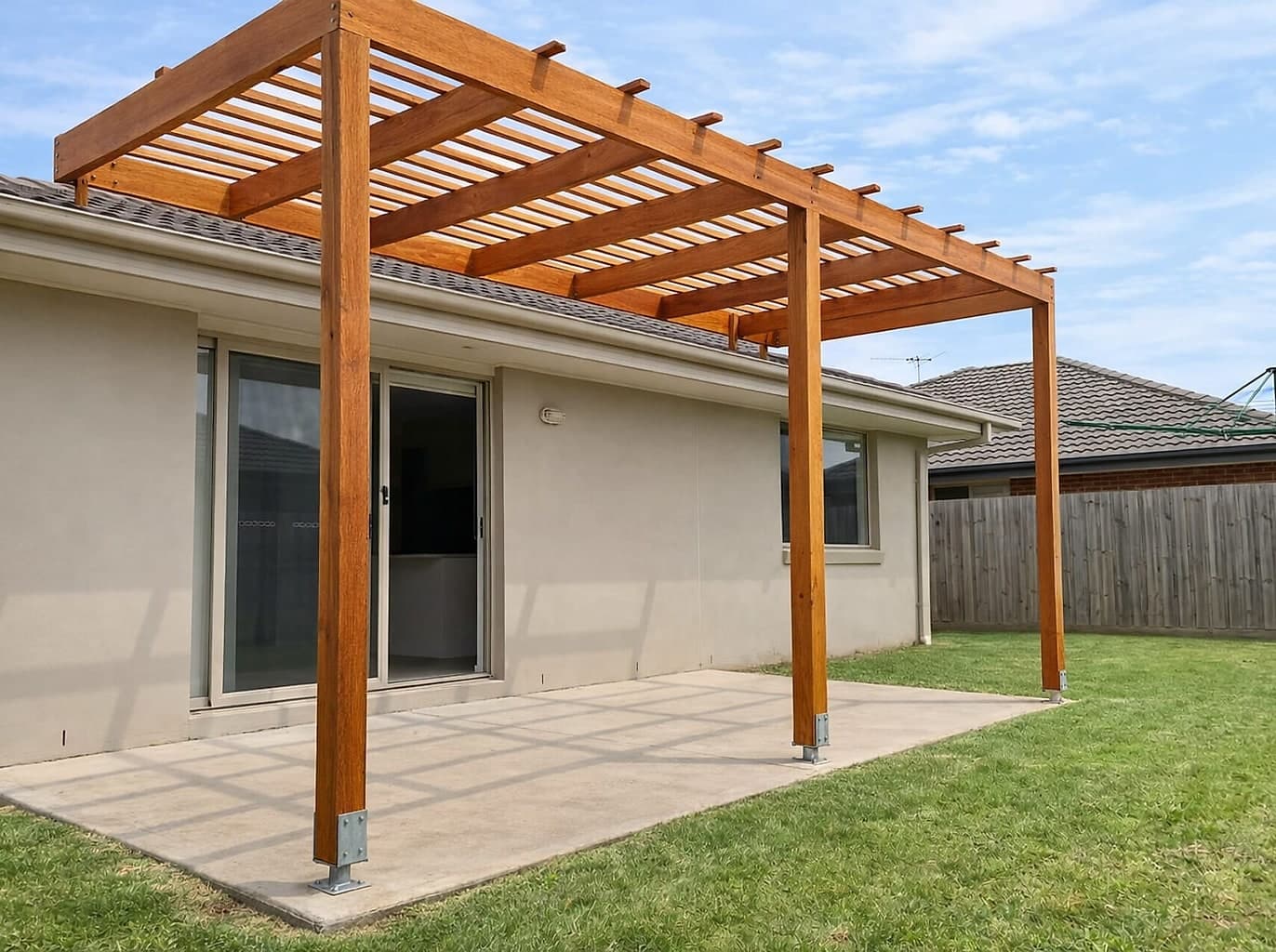 The same patio with a rebuilt hardwood pergola on galvanised post shoes, its battens fitted and a new length of gutter — the concrete slab unchanged