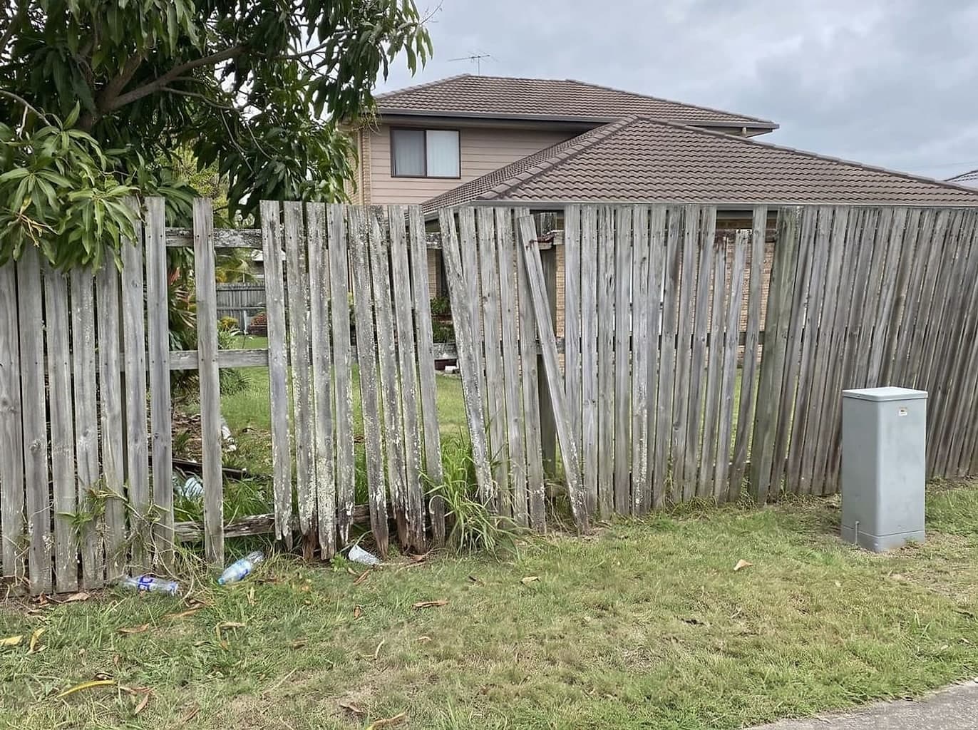 Old timber paling fence leaning, grey with lichen and missing palings