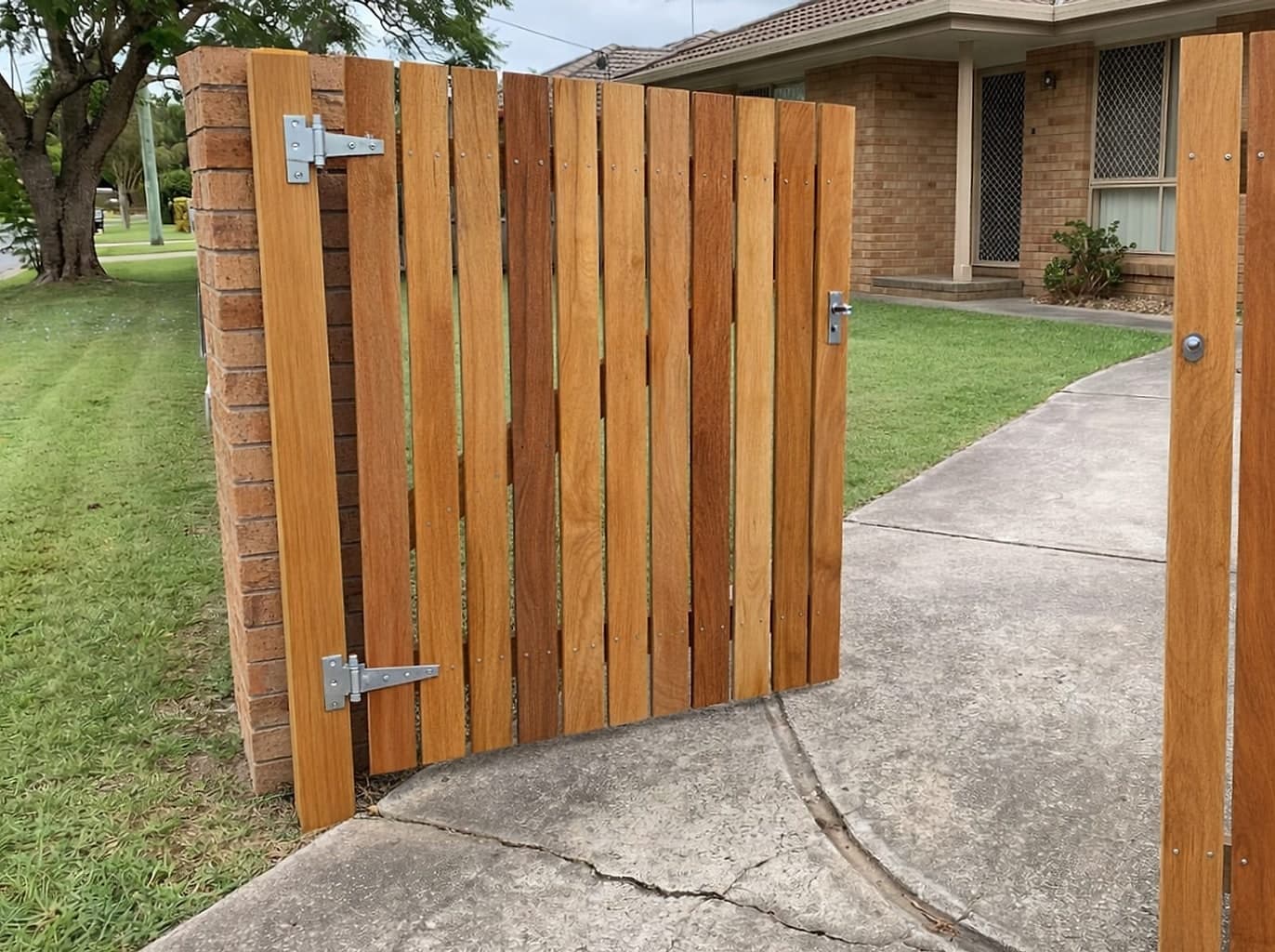 The same gateway with a new hardwood post, a new gate hung plumb on galvanised hinges and a new latch
