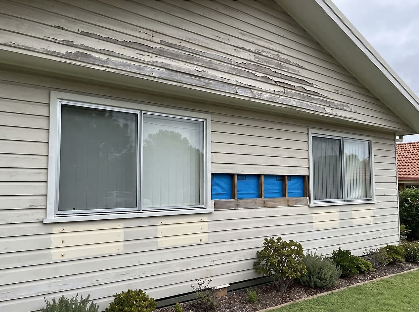 Sun-bleached weatherboard wall with paint peeling in curls and two damaged boards taken off