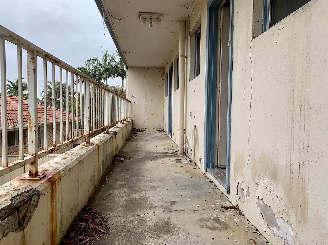 Unit block walkway with flaking render, a rusted balustrade staining the concrete and a spalled edge