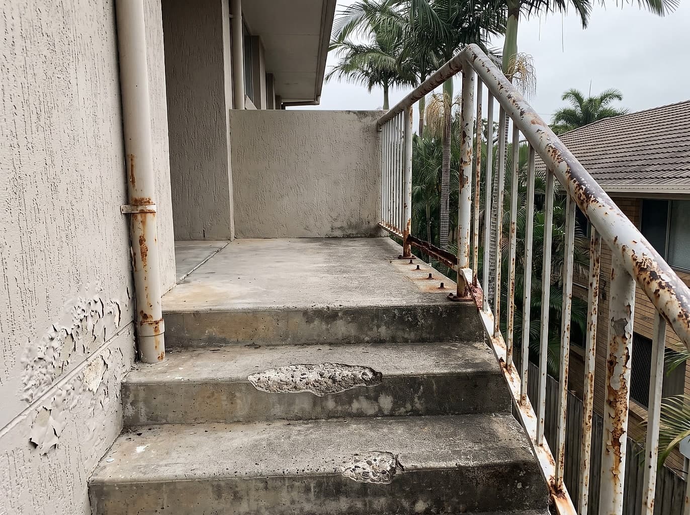 Unit block stairwell with a section of balustrade cut out, rust under the paint and spalled tread nosings