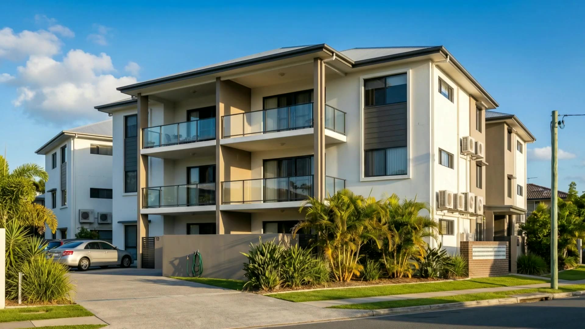 Aerial view climbing away from a Gold Coast unit block out over the coastline