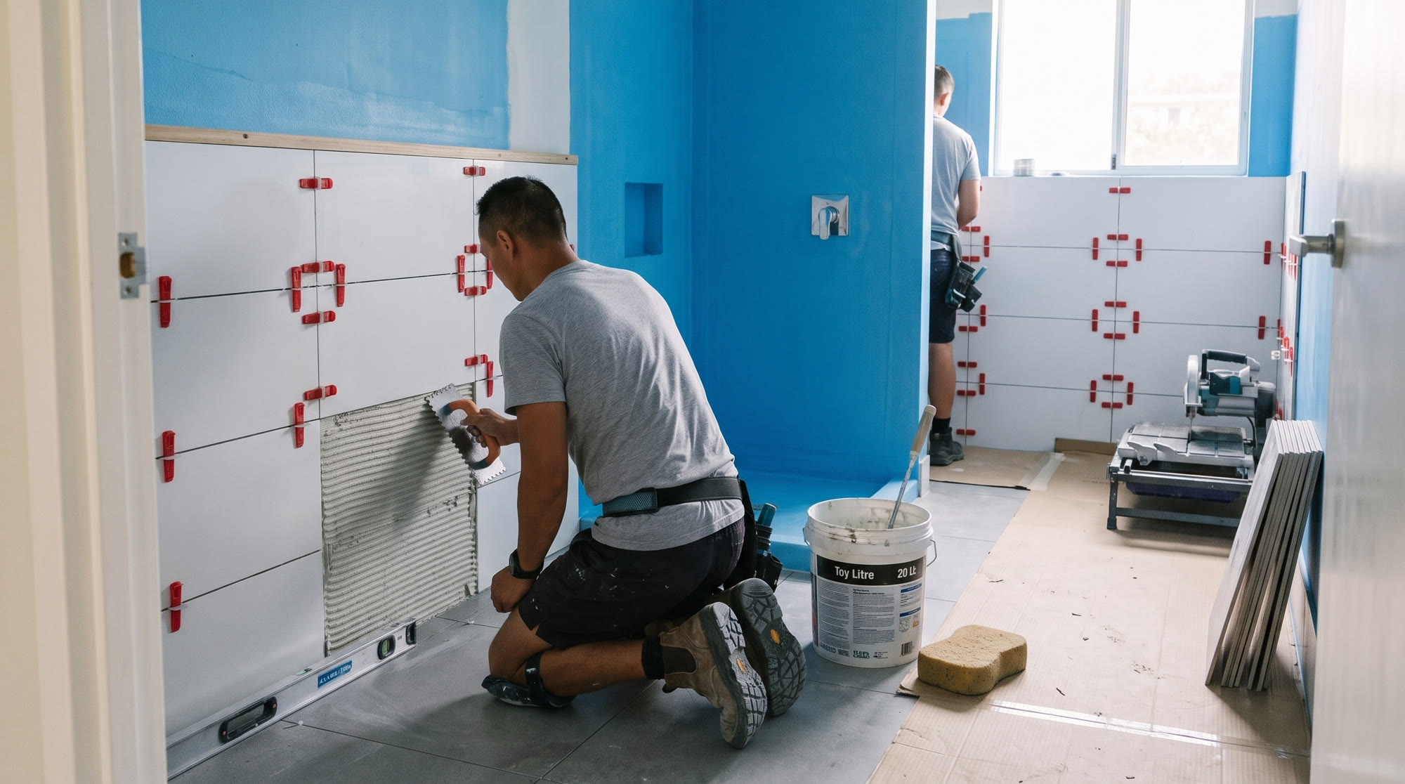 Wall tiles being set out and levelled during a Gold Coast bathroom re-tile