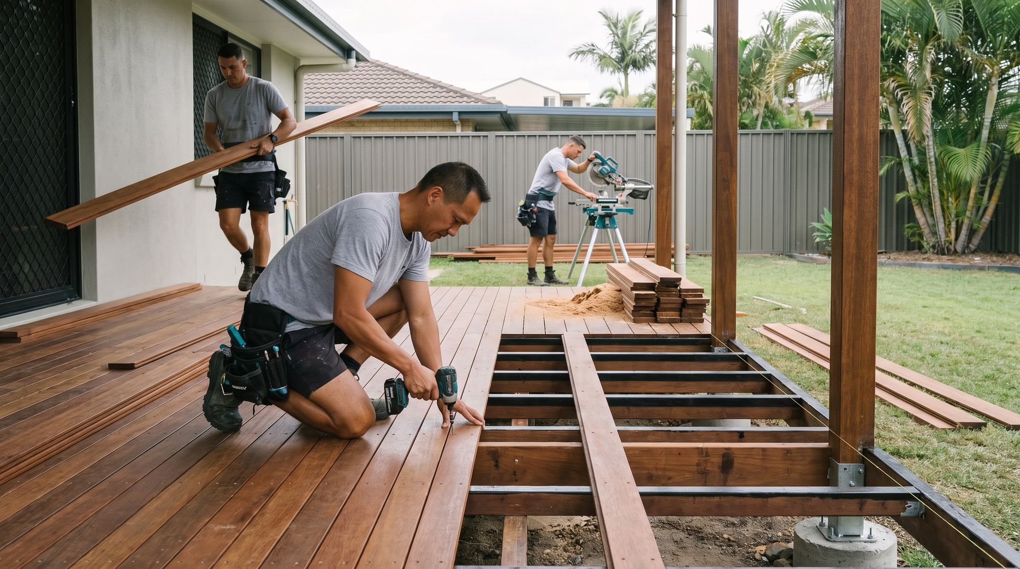Merbau decking boards being laid over an open joist frame with even gaps