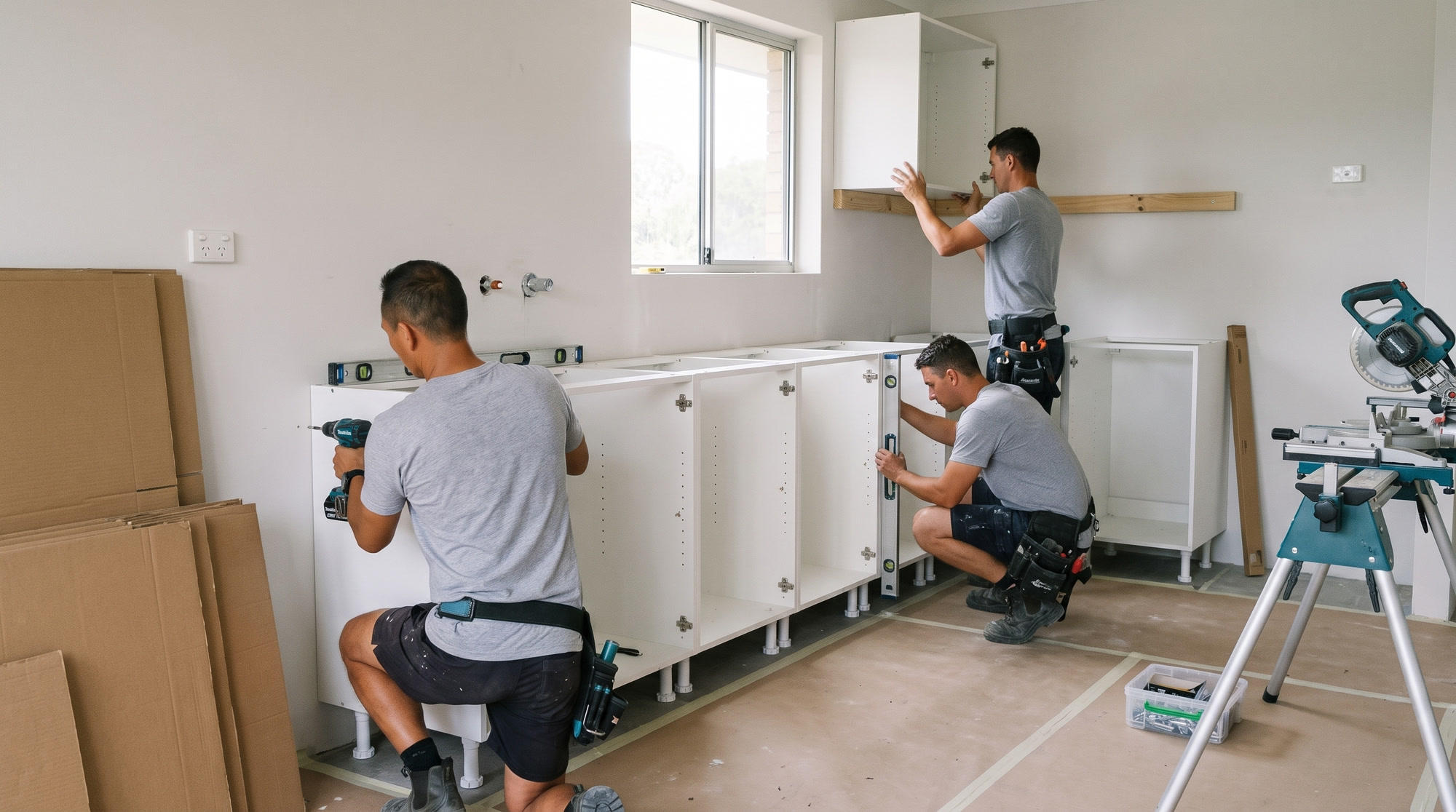 Kitchen cabinets being levelled on their adjustable legs during a Gold Coast kitchen renovation