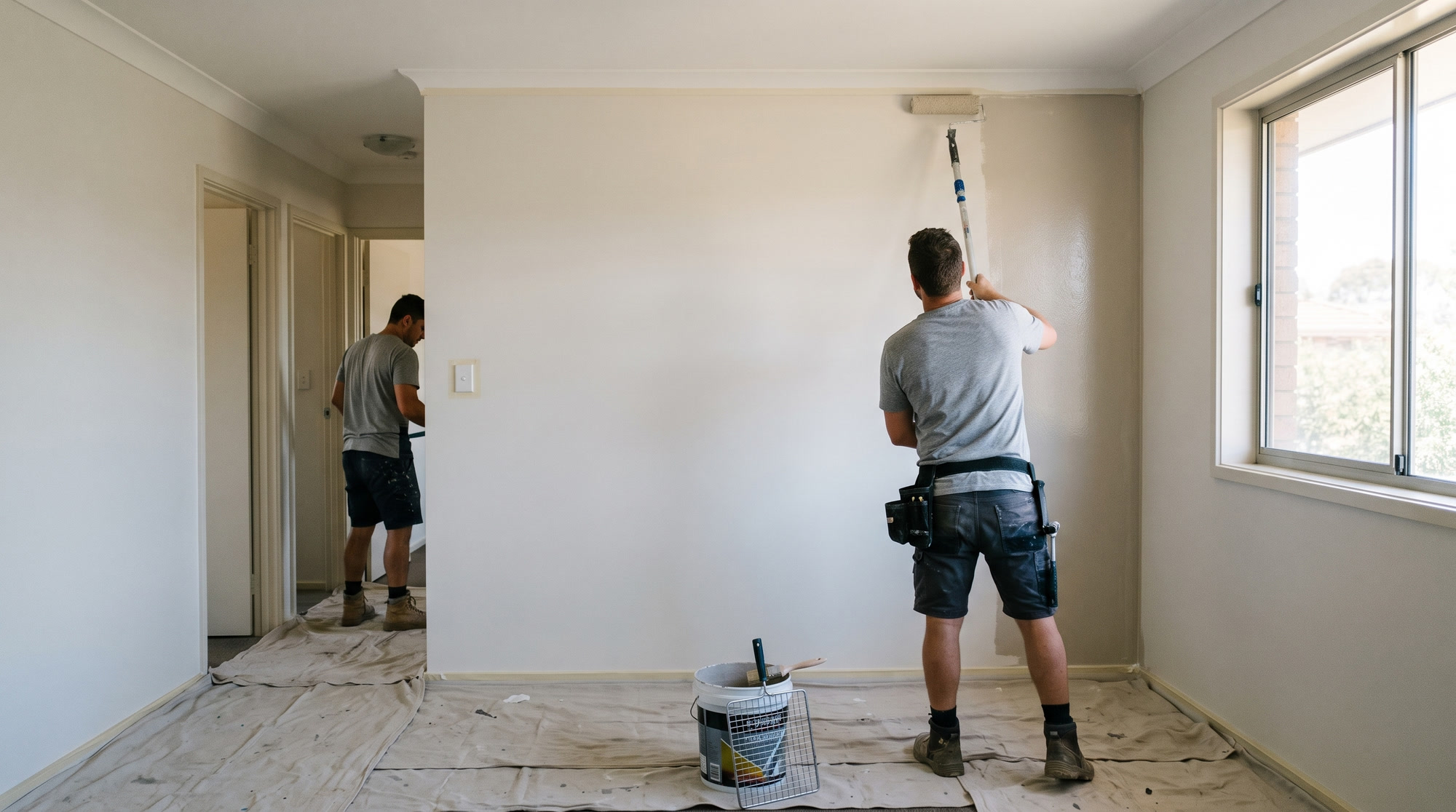 Cutting in a wall with a brush and bucket during an interior repaint