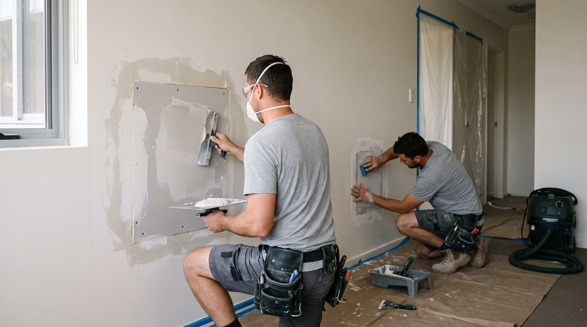 Spreading and feathering the finishing coat over a plasterboard patch