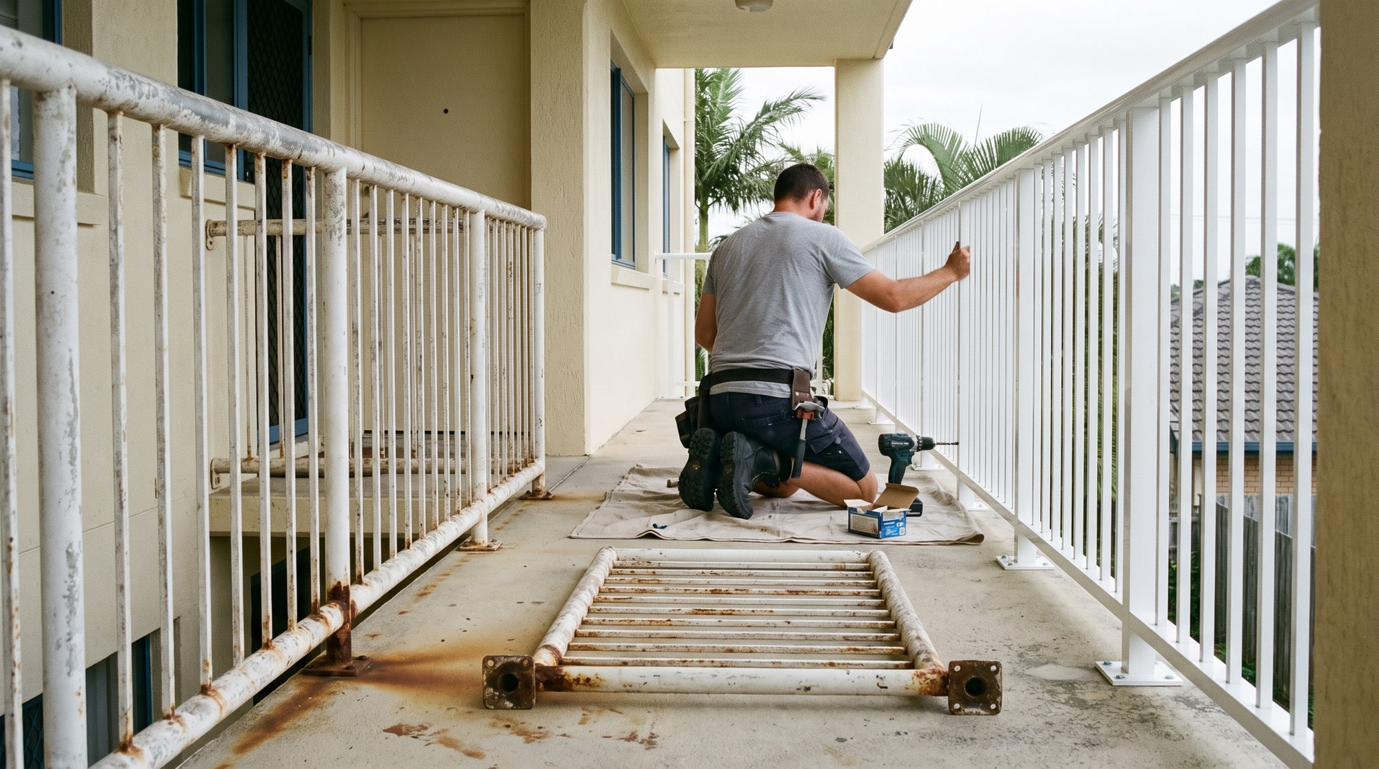 Bolting down a new balustrade beside the corroded one it replaces, on a Gold Coast unit-block walkway